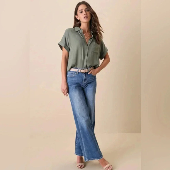 NEW with Tags (NWT) LuLus Blythe Olive Green Short Sleeve Button-Up Top - Picture 8 of 9
